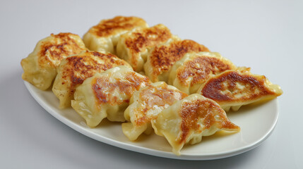 黄金色の焼き目がついたシンプルなお皿に盛られた焼き餃子