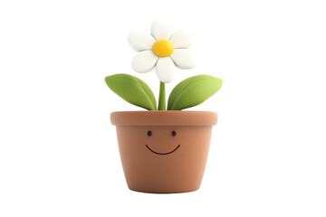 Obraz premium Cute smiling flower pot with white daisies isolated on transparent background. Cute flower pot with a white blossom isolated on white background, 3d rendering.