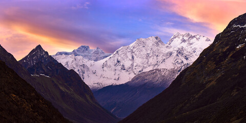 Beautiful panoramic view of Himal Chuli mountain at sunrise in Manaslu National Park in Himalayas, Nepal.