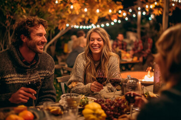 Outdoor Friendsgiving celebration with cozy lights and fall vibes