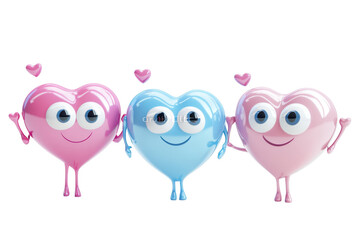 Obraz premium Two cute cartoon hearts standing together isolated on transparent background. Cute blue and pink heart shaped characters with googly eyes and arms isolated on white background, 3D Rendering.