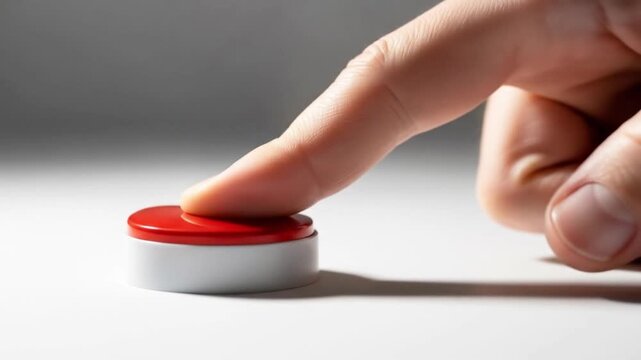 A finger is about to press a red button isolated on white background, symbolizing control, emergency, and the power to start or stop