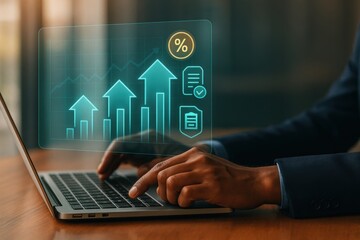 Business Growth Analytics Interface with Upward Arrows, Financial Stats and Performance Charts
