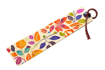 Colorful floral patterned bookmark isolated on transparent background. Eco friendly decorative bookmark with colorful leaf and flower patterns isolated on white background.