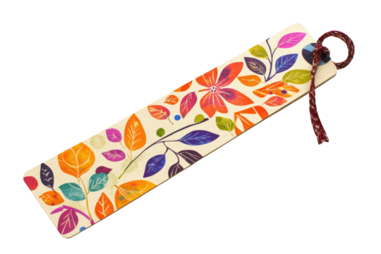 Colorful floral patterned bookmark isolated on transparent background. Eco friendly decorative bookmark with colorful leaf and flower patterns isolated on white background.