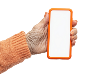 Elderly hand holding a smartphone with blank screen isolated on transparent background. Elderly caucasian woman's hand holding a smartphone with a blank screen isolated on white background.
