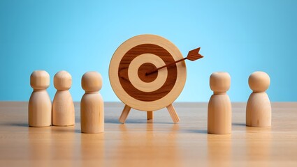 Wooden target with arrow hitting bullseye surrounded by wooden figurines