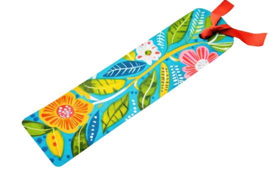 Colorful floral bookmark with orange ribbon isolated on transparent background. Eco friendly decorative bookmark with colorful leaf and flower patterns isolated on white background.