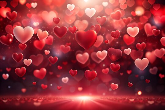 Romantic Red Hearts Background: Floating 3D Hearts, Sparkling Glitter, Valentine's Day Design.