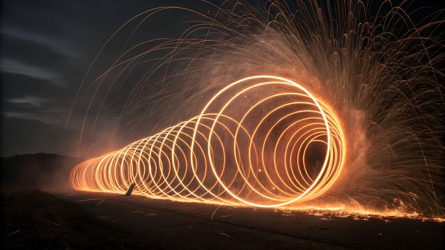 Fiery tunnel of light trails created by spinning steel wool at night