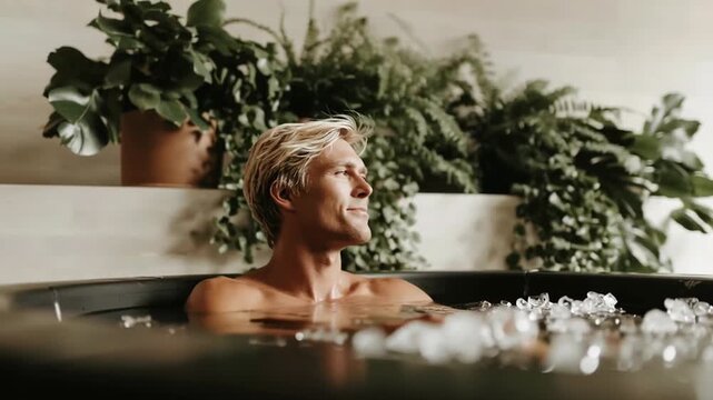 Relaxed man enjoying ice bath surrounded by greenery indoors