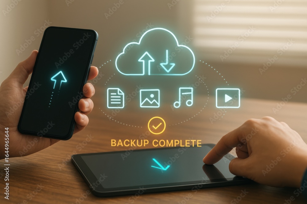 Poster cloud backup complete interface showing file, image, music and video upload from mobile to tablet