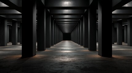 Dimly lit industrial corridor with repeating pillars and overhead lights converging toward a vanishing point in a dark warehouse interior.