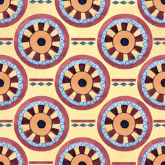 Tribal seamless pattern, ancient African ornament, geometric abstract rounds. Watercolor illustration isolated on yellow background. Clip art circles for textile, souvenir products, interior decor