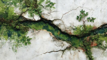 Cracked concrete surface, overgrown with moss and small plants.  A thin, greenish-blue stream runs through a deep fissure