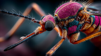 Colorful macro shot of malaria mosquito with water droplets