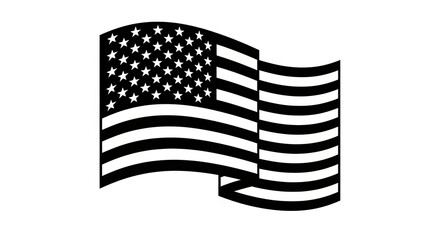 A stylized black and white illustration of a waving american flag with stars and stripes design