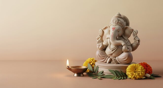 Happy Ganesh Chaturthi 2025 minimalistic poster with festive themed elements