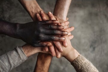 Hands of diverse skin tones stacked together.