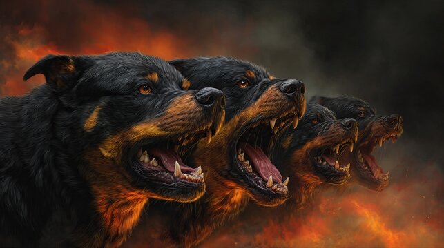 Intense close-up of a snarling three-headed hellhound, inspired by Cerberus, with fiery eyes and sharp teeth in dark fantasy art