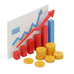 Financial growth chart with rising arrow and stacks of gold coins isolated on transparent background