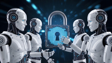 Advanced AI robots collaborate on securing digital data with futuristic glowing padlock and network background, symbolizing cybersecurity innovation