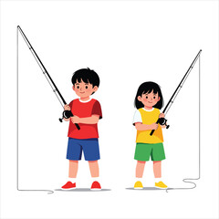 A young boy and a girl stand together, each holding a fishing rod, ready for an outdoor angling activity.