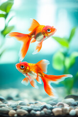 Two vibrant goldfish swim gracefully in a tranquil aquarium filled with pebbles and greenery.