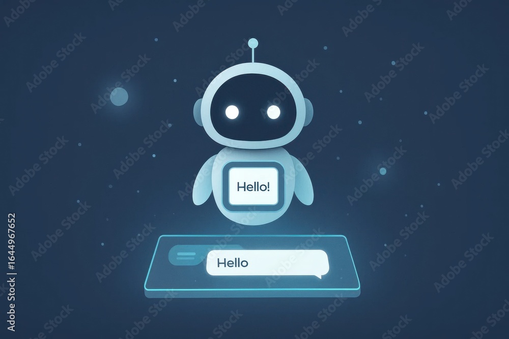 Poster minimalist ai chatbot saying hello on a futuristic floating screen in blue tones