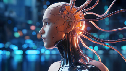 Stunning futuristic android portrait showcasing advanced cybernetic integration and artificial intelligence with vibrant neon city lights in the background