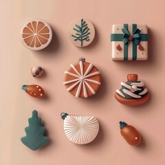 Minimalist flat lay composition for a holiday social media mockup showcasing isolated festive icons on a soft gradient backdrop in a vector style clean and free from any branded elements