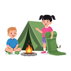 Happy young boy and girl camping outdoors with a tent, campfire, and sleeping bag.