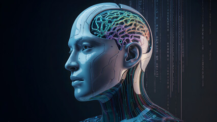 Obraz premium Captivating AI consciousness emerges with vibrant neural network pathways and futuristic digital data streams flowing in a dark, sophisticated cybernetic portrait