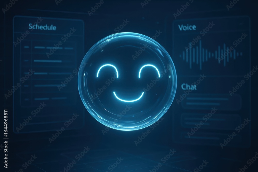 Poster minimal futuristic ai chatbot bubble with smile in dark interface showing voice and schedule panels