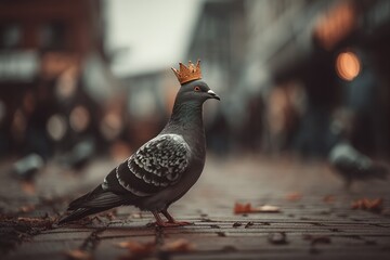 Obraz premium A pigeon wearing a golden crown stands on a city street. Blurred city background