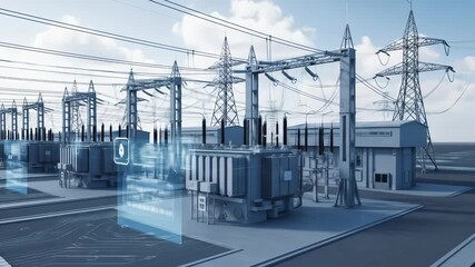 Modern power substation with digital interface, high voltage transformer, and smart grid technology for efficient electricity distribution, advanced energy management, and futuristic innovation - Powered by Adobe