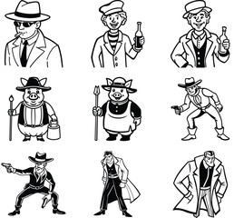 Collection of Vintage Characters Depicting Various Professions and Styles