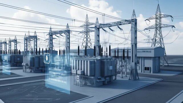 Modern power substation with digital interface, high voltage transformer, and smart grid technology for efficient electricity distribution, advanced energy management, and futuristic innovation
