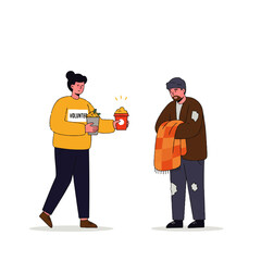 An illustration of two volunteers giving a donation bag to a person in need.