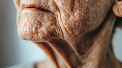 Naklejka premium Close-up view of deeply wrinkled skin on a person's face and neck.