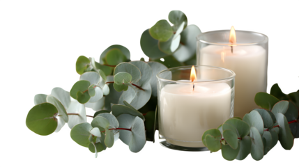 aromatherapy candles with eucalyptus leaves, clean white background, spa and relaxation theme