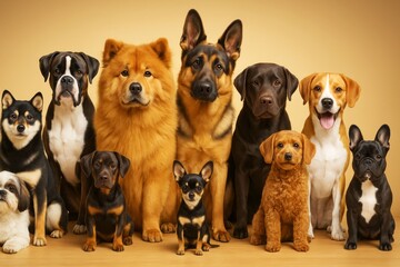 Group of various dog breeds sitting together in front of a warm light background in a realistic style, showcasing diversity and companionship among animals.
