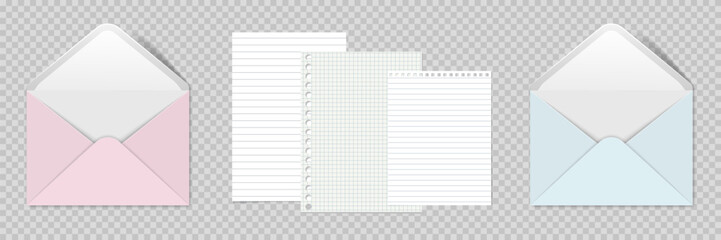 Set of pink  and blue envelopes. Blank open envelopes mockup. Empty template for branding identity design, mail presentation, for office messages or documents sending. Realistic vector illustration