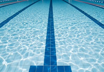 Sparkling clean swimming pool with blue lane markers and sunny water ripples, perfect for summer.