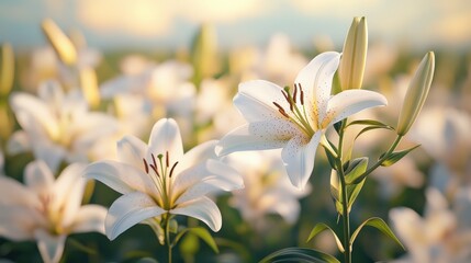 Obraz premium Close-up view of beautiful white lilies in a field.