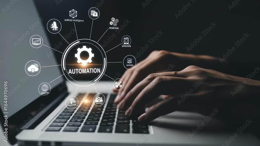 Poster automation technology concept with artificial intelligence, workflow, digital process, and data anal