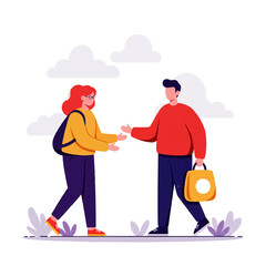 An illustration of a woman helping an elderly man with a walking stick, a symbol of care and support.