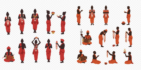 A collection of vector silhouettes of Indian men in traditional red attire performing various Hindu religious rituals, prayers, and ceremonies.
