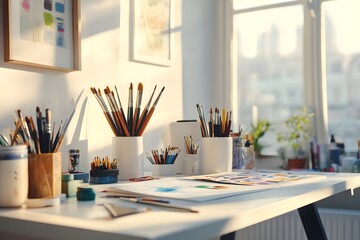 simple creative station with art supplies arranged neatly, white tabletop, sunbeam
