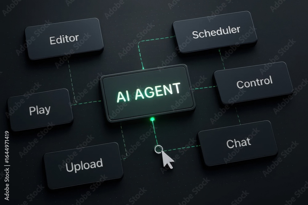 Aufkleber ai agent hub connecting play, upload, editor, control and chat interfaces in 3d neon layout